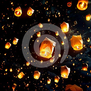 Group of lanterns floating in the air with sky background full of clouds. AI