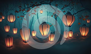a group of lanterns lit up in the dark forest at night