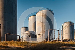 a group of large metal tanks sitting in a field next to a dirt road and a blue sky with clouds