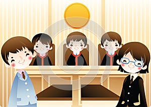 Group of law students in a court room. Vector illustration decorative design