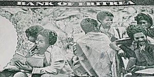 Group of learning students Eritrea one Nafka currency banknote