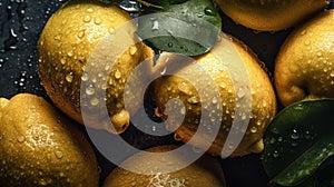a group of lemons with water droplets on them and a green leaf on top of them, with a dark background with water droplets on the
