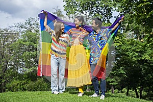 Group of lgbtq community movement in rainbow colorful clothes are having fun while raising rainbow flags together in the park