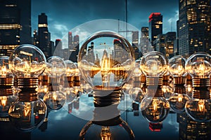 A group of light bulbs on foreground and illuminated big city buildings on background