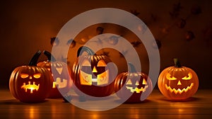 A group of lighted pumpkins with faces on them photo