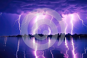 Group Of Lightning Strikes Over Lake, Purple Lighting