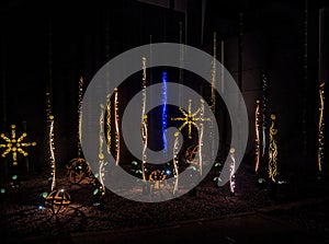 A group of lights that are on a pole, photograph of enchanted garden.