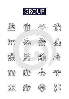 Group line vector icons and signs. Congregation, Company, Crowd, Division, Gang, League, Mob, Gathering outline vector