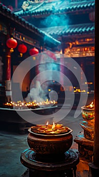 A group of lit candles sitting on top of a table