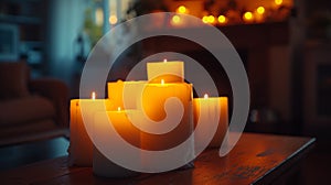A group of lit candles on a table in front of a fireplace, AI