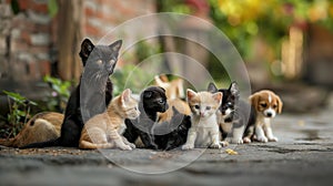 Group of little kittens sitting on the floor in the garden.