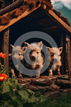 A group of little pigs standing in a small house. Generative AI image.