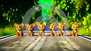 Group of little tiger figurines sitting on top of road. Generative AI