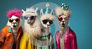 Group of llama in funky Wacky wild mismatch colourful outfits isolated on bright background advertisement