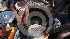 Group of Local Africans Playing Drums on Traditional Dhow Boat at Trip, Zanzibar