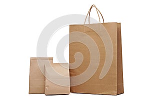 Group of lunch Paper bag and shopping paper bags isolated on a white background