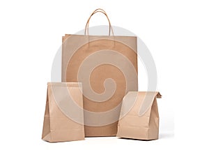 Group of lunch Paper bag and shopping paper bags isolated on a white background