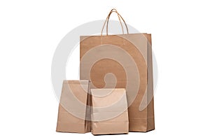 Group of lunch Paper bag and shopping paper bags isolated on a white background