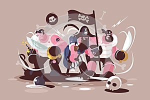 Group of mad pirates with bombs and swords weapon