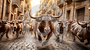 Group of bulls running through streets Pamplona during San FermÃ­n. Generative AI photo