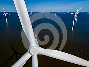 A group of majestic wind turbines stand tall in the ocean,wind to generate clean energy in Flevoland