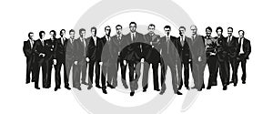 A group of male businessmen in dark business suits. Black and white illustration. Isolated vector illustration.