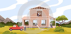 Group of male constructors building residential house vector flat illustration. Foreman carrying constructing material photo