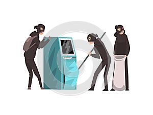 Group of Male Criminals in Masks Trying to Steal Money from ATM Vector Illustration