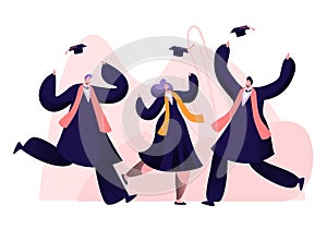 Group of Male and Female Characters in Graduation Gowns and Caps Rejoice, Jumping and Cheering Up Happy to Get Diploma