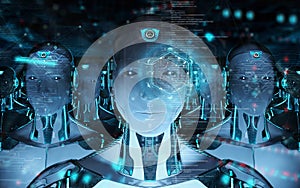 Group of male robots heads using digital hologram screens 3d rendering