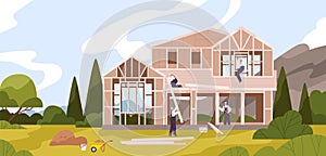 Group of male workers constructing cottage vector flat illustration. Team of builders in uniform making construction photo