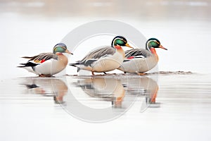 group of mallards on ice, with breath visible