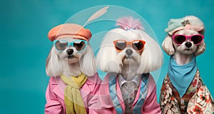 Group of Maltese dog puppy in funky Wacky wild mismatch colourful outfits isolated on bright background advertisement