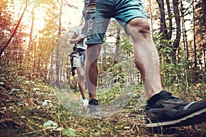 Group of man and women during hiking excursion in woods, walking while enjoying their journey