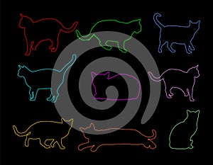 Group of many cats vector line contour silhouette illustration isolated on black background.