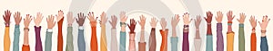 Group of many raised arms and hands.Diversity multiethnic people. Men and women of diverse culture and nations. Racial equality.