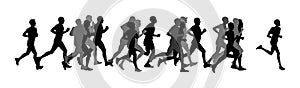 Group of marathon racers running. Marathon people vector silhouette. Urban runners on the street.