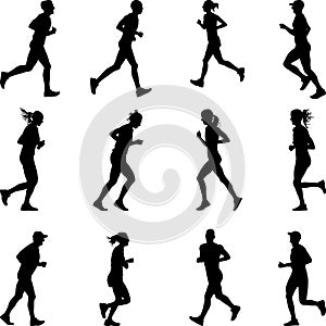 Group of marathon runners silhouette vector