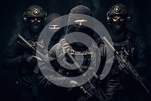 Group of masked soldiers with guns and masks on a dark background. Armed special forces group with shotguns on a Black background