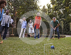 Group Of Mature Friends Playing Croquet In Backyard Together