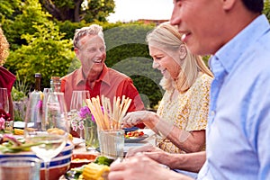 Group Of Mature Friends Talking Around Table At Summer Dinner Party In Garden At Home