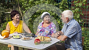 A group of mature people dine with natural products at a table in the garden