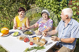 A group of mature people dine with natural products at a table in the garden