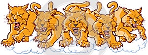 Group of Mean Wildcat Cartoon Mascots Charging Forward