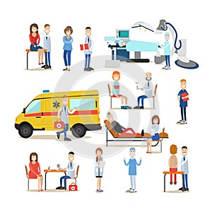 Group of medical doctors, paramedics and patients vector flat illustration