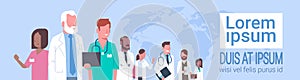 Group Of Medical Doctors Standing Over World Map Treatment Social Network Concept