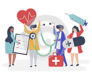Group of medical staff carrying health related icons