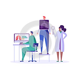 Group of medical workers and doctors diagnose lung problems in clinic. Concept of fluorographic examination, pulmonology, medical