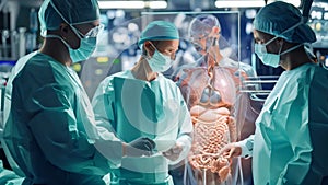 A group of medical workers gather around a computer screen, engaged in a discussion about medical records, Doctors using a