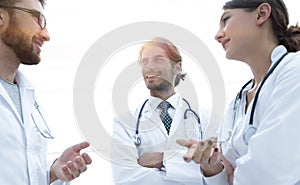 Group of medicine doctors talking during conference, bottom view